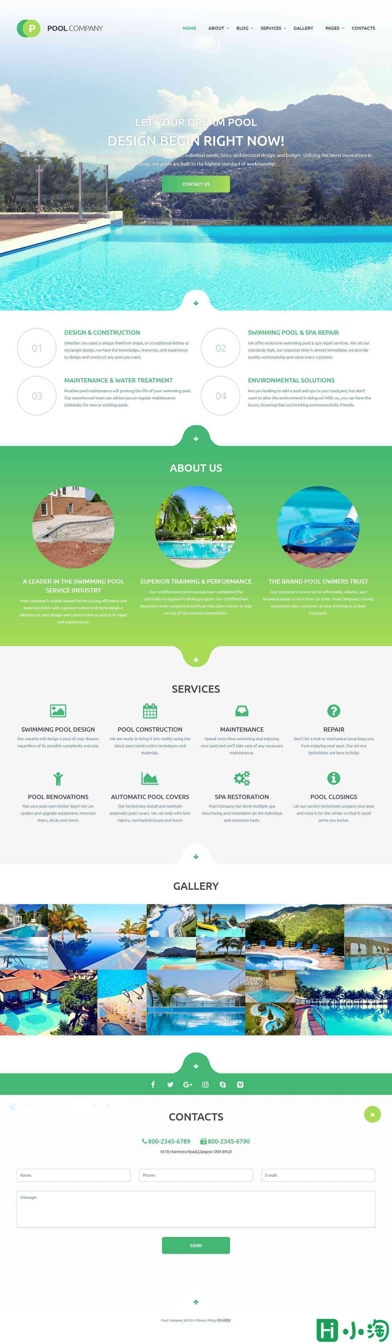 泳池设计建造与维护解决方案网站模板-PC预览